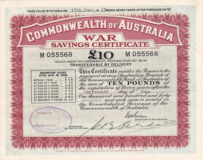 £10 Pound Commonwealth of Australia - War Savings Certificate - 13 Jun 1940 - SG McFarlane - About Uncirculated - Loose Change Coins