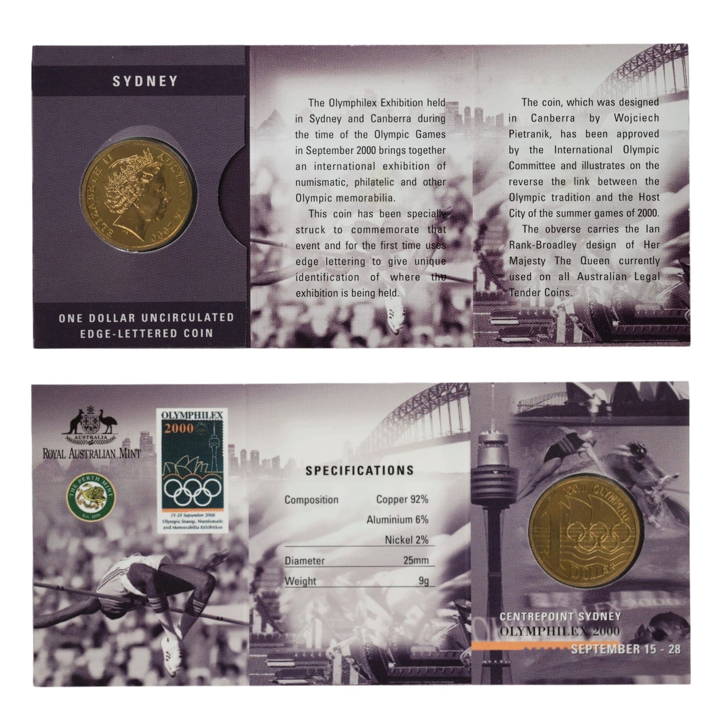 2000 $1 Coin - OLYMPHILEX Edge Lettered Coin - Sydney and Canberra Varieties Available