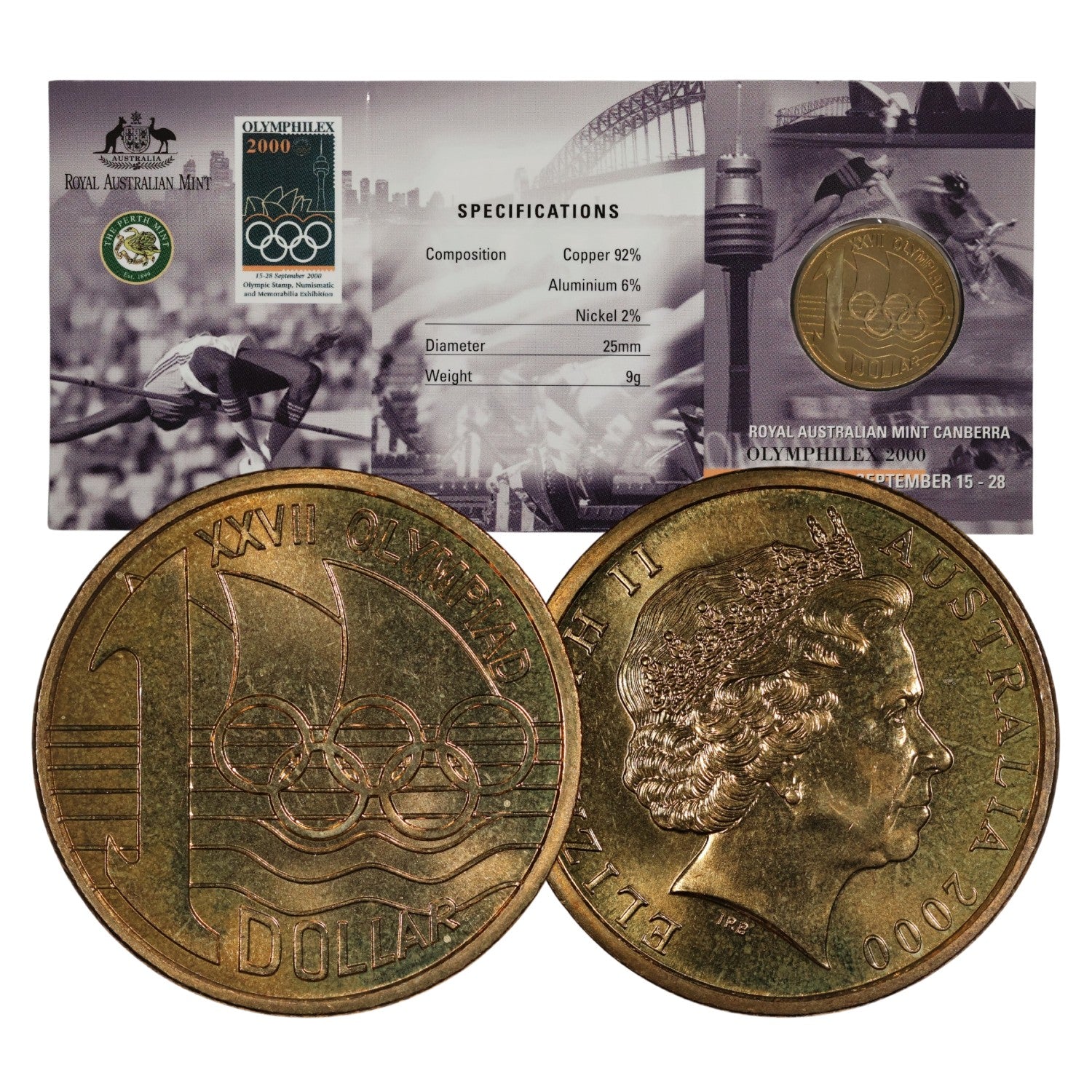 2000 $1 Coin - OLYMPHILEX Edge Lettered Coin - Sydney and Canberra