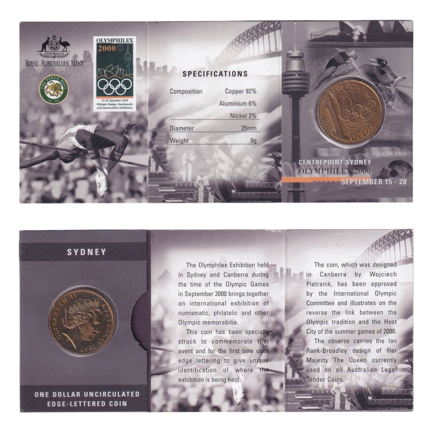 2000 $1 Coin - OLYMPHILEX Edge Lettered Coin - Sydney and Canberra Varieties Available
