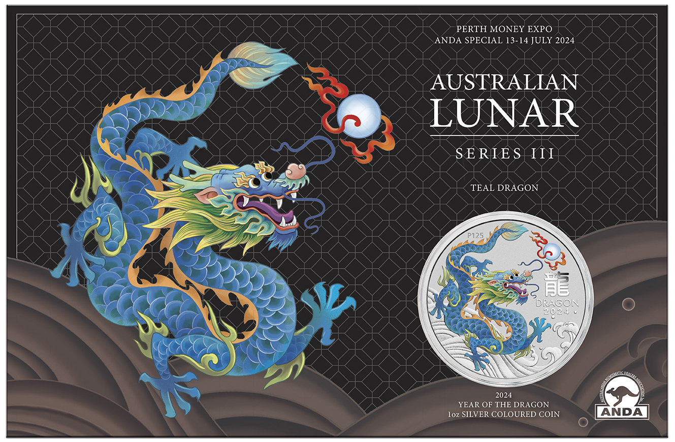 2024 Perth ANDA Money Expo - Perth Mint Australian Lunar Series III 1oz Coloured Dragon (Teal)