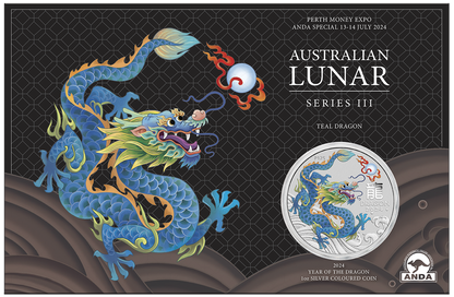 2024 Perth ANDA Money Expo - Perth Mint Australian Lunar Series III 1oz Coloured Dragon (Teal)