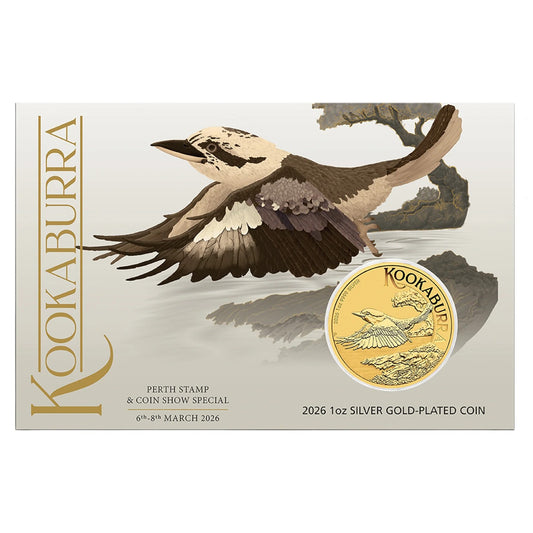 2026 Perth Mint - Perth Stamp & Coin Show - Kookaburra 1oz Silver Gold-Plated Coin in Card