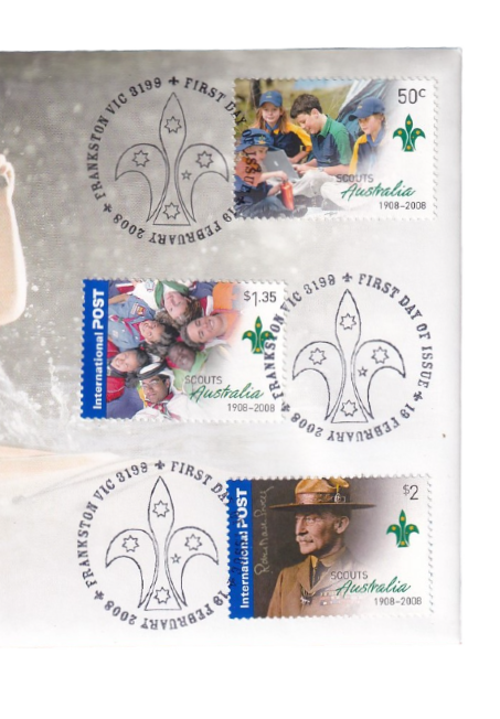 2008 PNC - Centenary of Scouting in Australia - 3-Stamp "Frankston, Victoria" Cancellation Variety