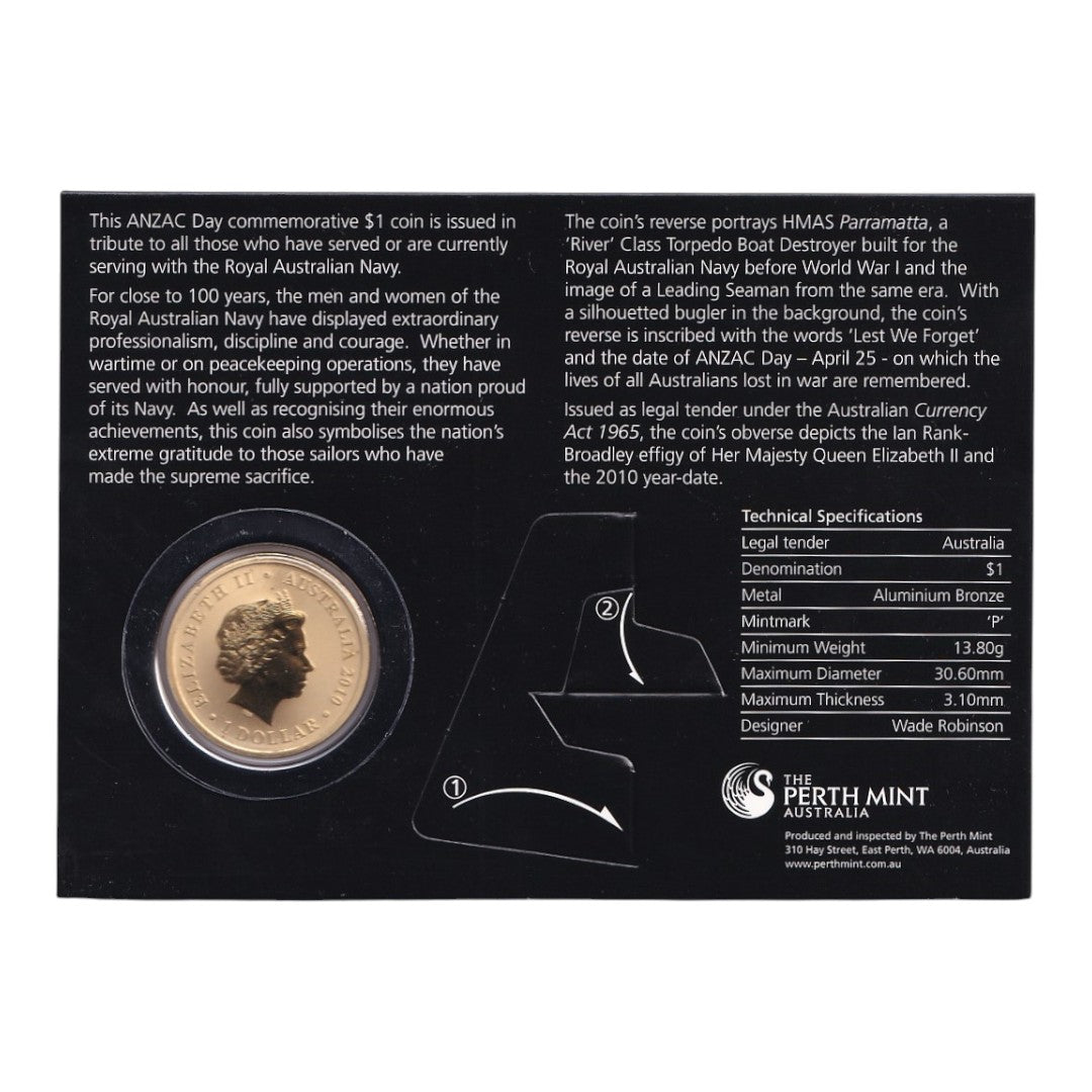 2010 Perth Mint ANZAC Day One Dollar Coin - Royal Australian Navy