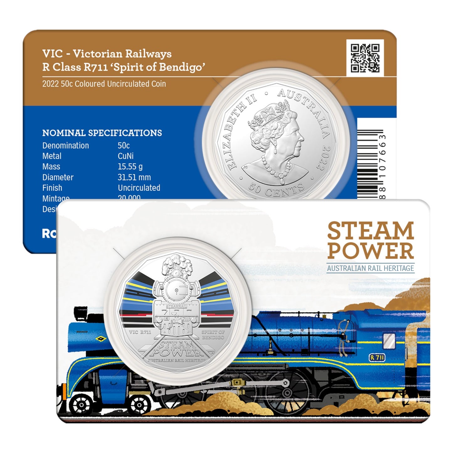 2022 50c CuNi Coloured Uncirculated Coin - Australian Steam Trains - Victoria Railways