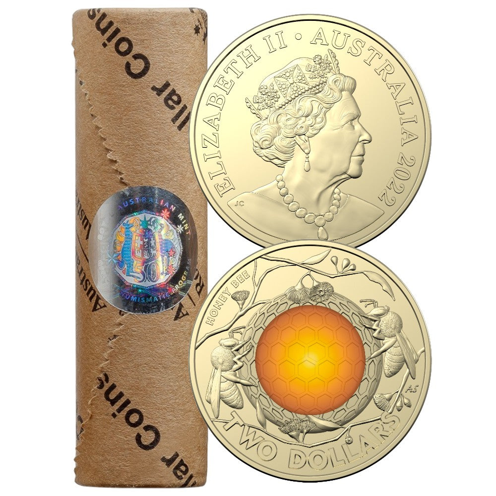 2022 $2 Circulated Coloured Coin Roll - Australian Honey Bee - Premium with Roll Tube
