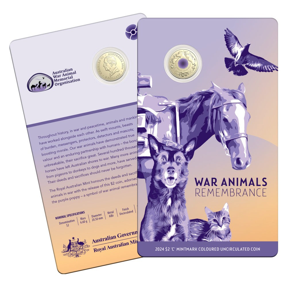 2024 $2 ‘C’ Mintmark Coloured Uncirculated Coin - War Animals Remembrance