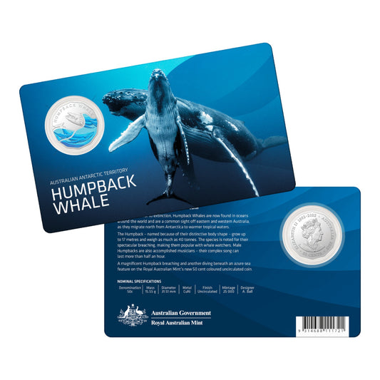 2023 50c Coloured Uncirculated Coin - Australian Antarctic Territory - Humpback Whale