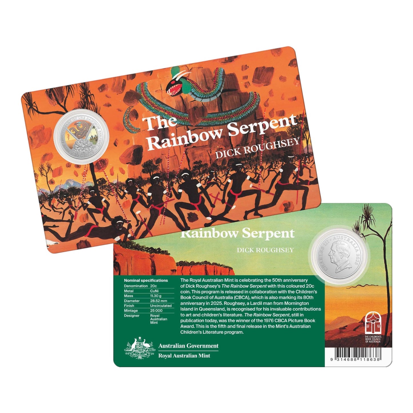 2025 20c Coloured Uncirculated Coin in Card - 50th Anniversary of the Rainbow Serpent
