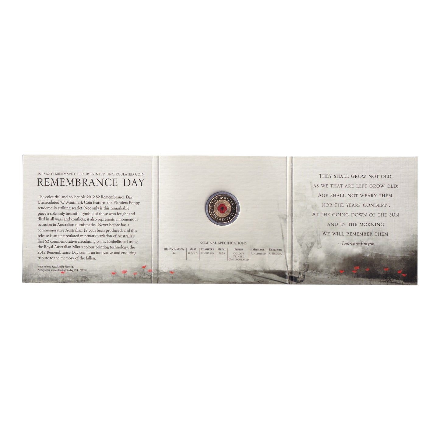 2012 $2 'C' Mintmark Coin - Remembrance Day in Tri-Fold Card