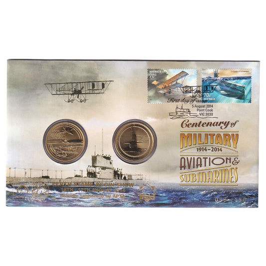 2014 Perth Stamp & Coin Show PNC - Centenary of Military Aviation & Submarines - 16th-17th August 2014 Overprint