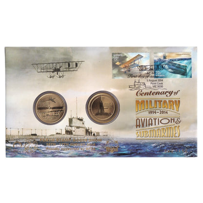 2014 Perth Stamp & Coin Show PNC - Centenary of Military Aviation & Submarines - 16th-17th August 2014 Overprint