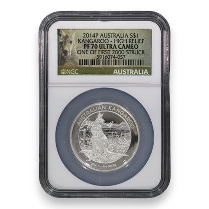 2014 $1 1oz High Relief Silver Proof Coin – Australian Kangaroo (NGC PF 70 Ultra Cameo – One of First 2000 Struck)