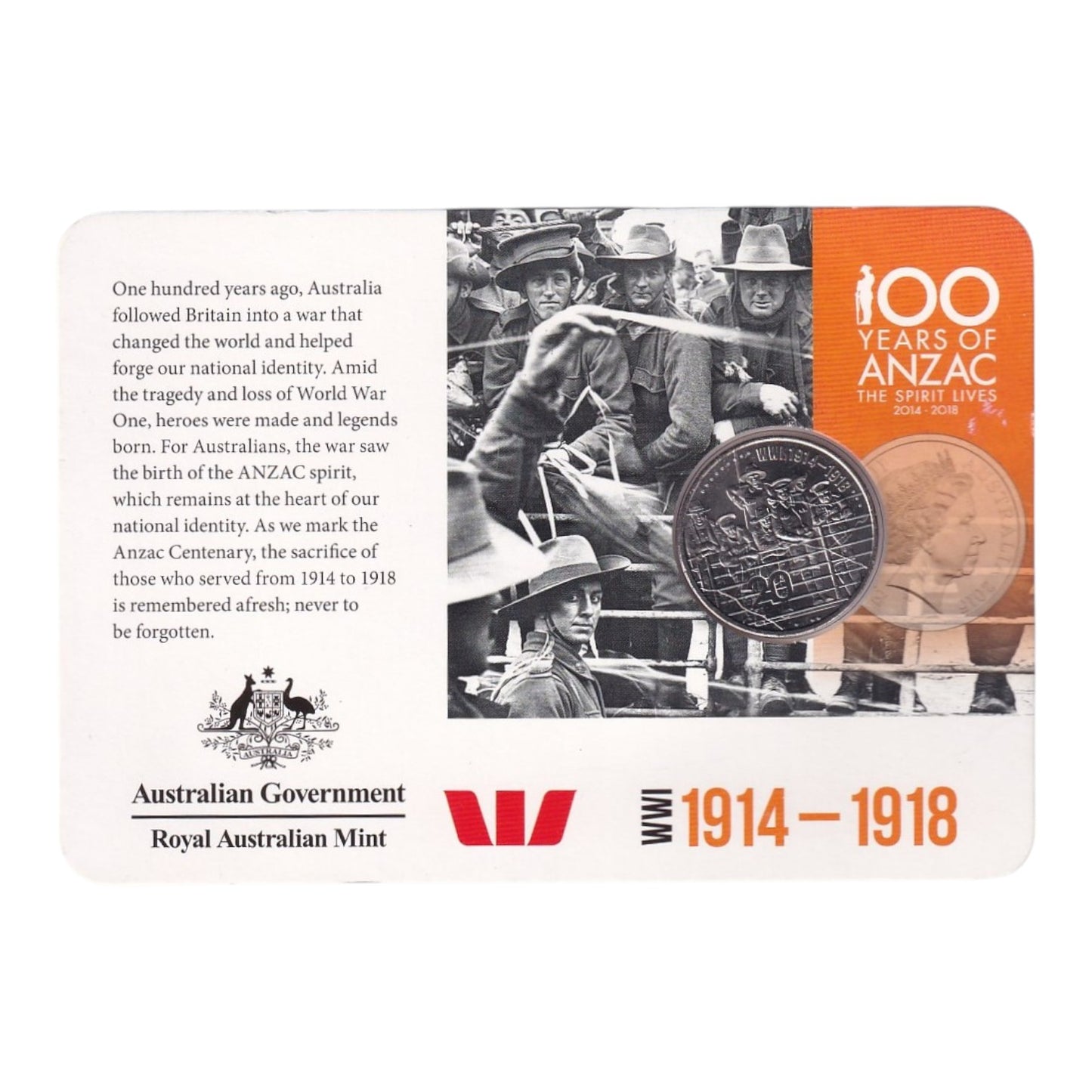 2015 20c Coin - ANZACS Remembered - WWI 1914-1918