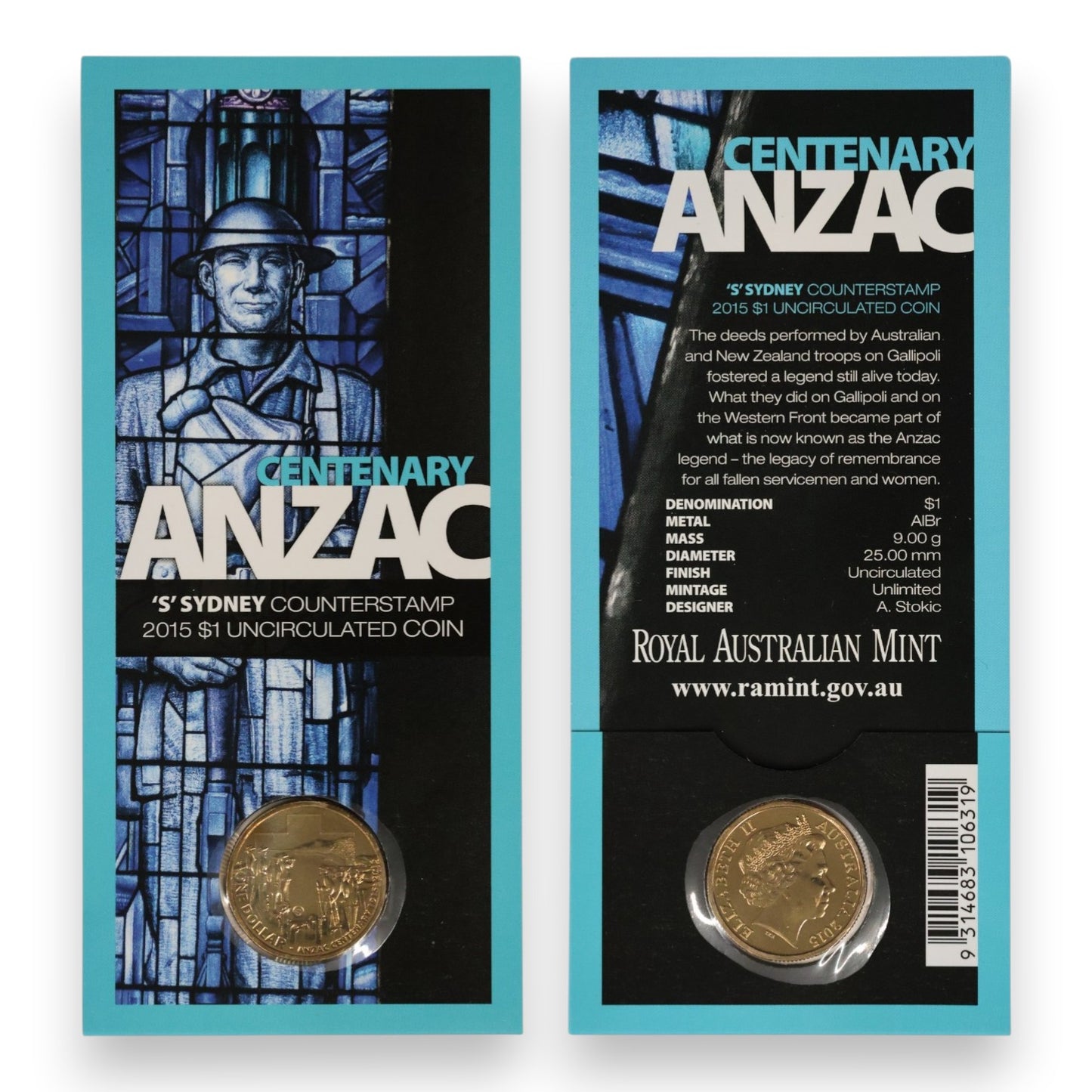 2015 $1 Coin - Anzac Centenary 1915-2015 (Sydney 'S' Counterstamp)
