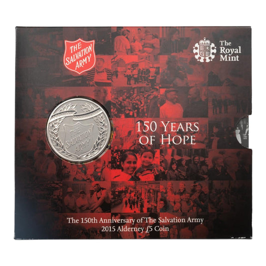 2015 Salvation Army 150th Anniversary - Alderney £5 Crown - Brilliant Uncirculated Coin In Folder