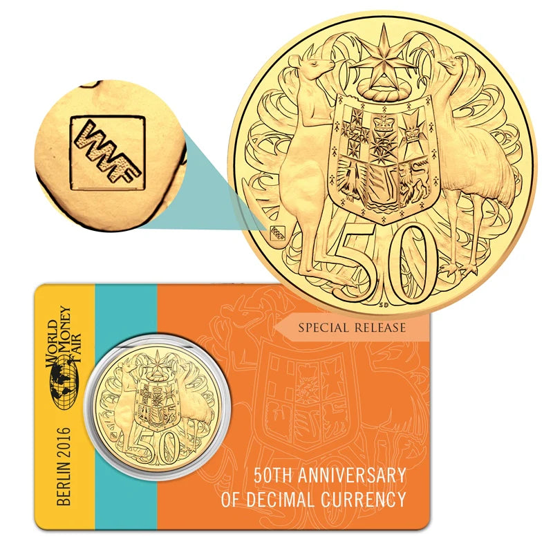 2016 Round 50c Coin - 50th Anniversary of Decimal Currency - Gold Plated Uncirculated 'WMF' Privy Mark