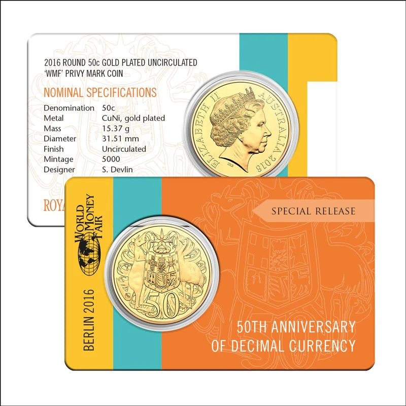 2016 Round 50c Coin - 50th Anniversary of Decimal Currency - Gold Plated Uncirculated 'WMF' Privy Mark