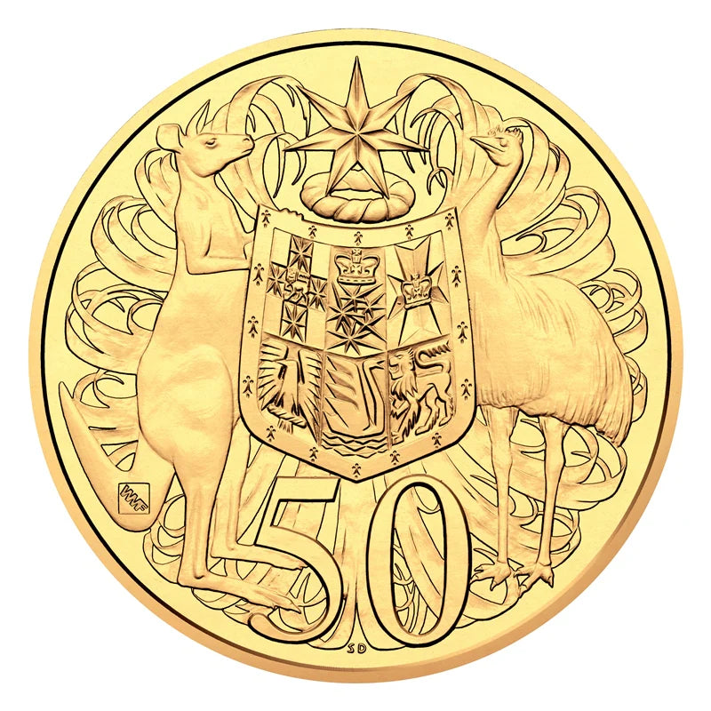 2016 Round 50c Coin - 50th Anniversary of Decimal Currency - Gold Plated Uncirculated 'WMF' Privy Mark