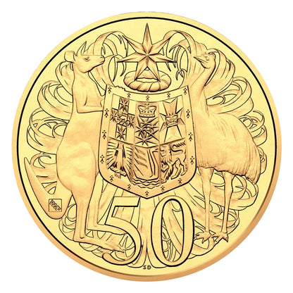 2016 Round 50c Coin - 50th Anniversary of Decimal Currency - Gold Plated Uncirculated 'WMF' Privy Mark