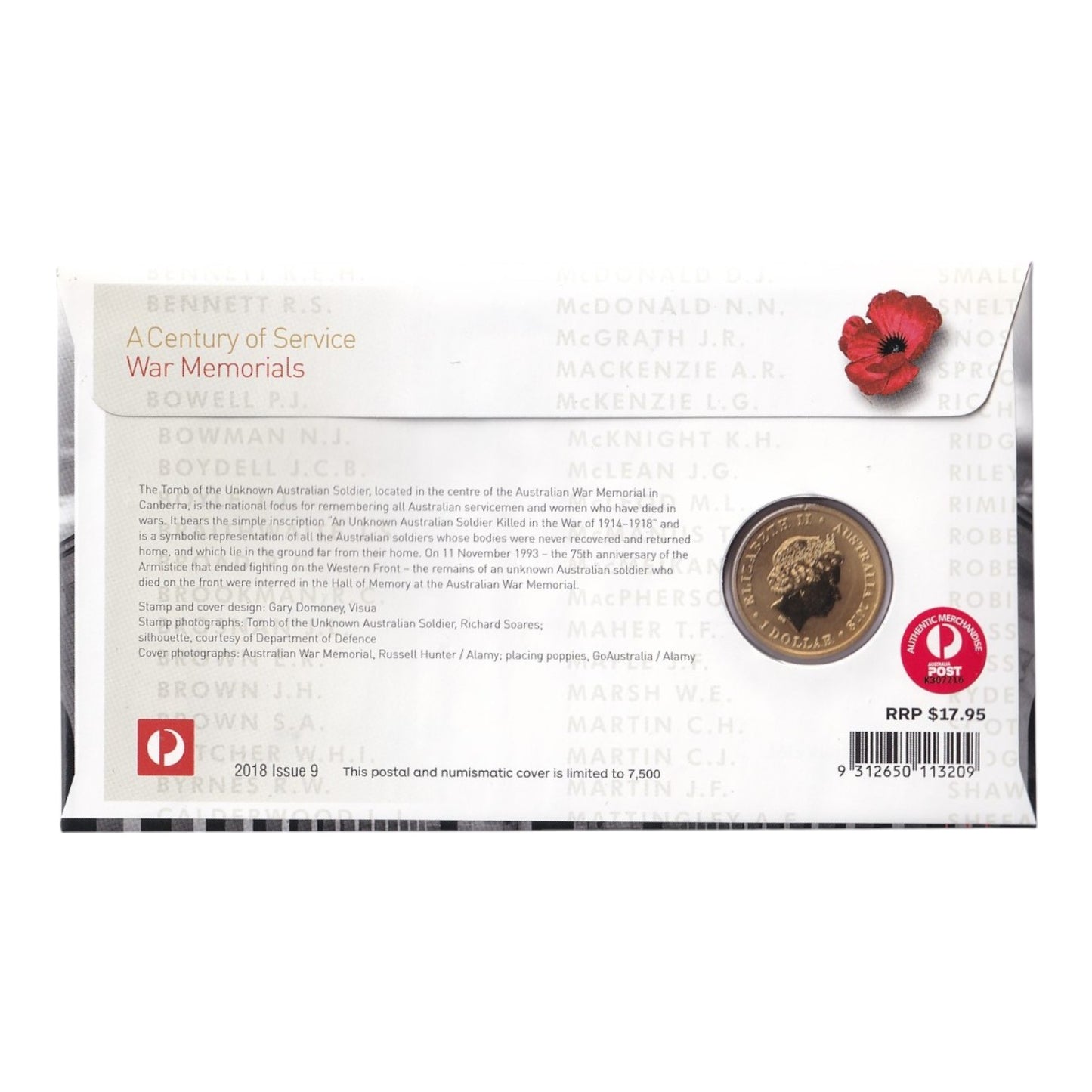 2018 Perth Mint PNC - A Centenary of Service - War Memorials