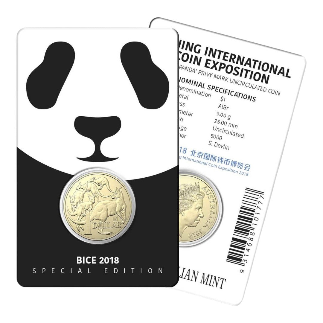 2018 $1 Coin - 'BICE' Mob of Roos' with Panda Privy Mark - Beijing International Coin Exposition