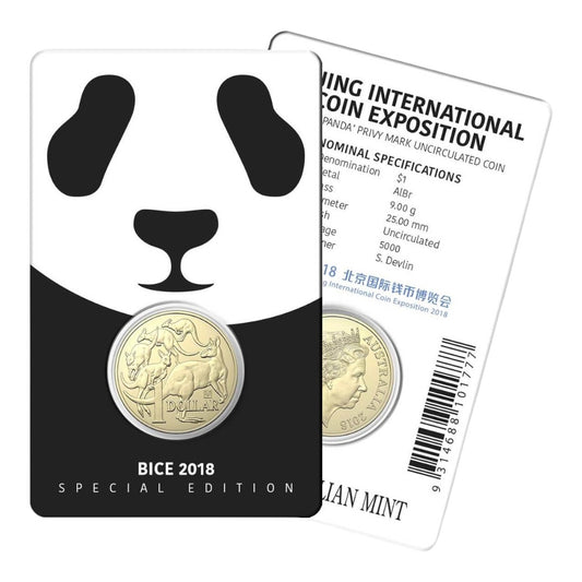 2018 $1 Coin - 'BICE' Mob of Roos' with Panda Privy Mark - Beijing International Coin Exposition