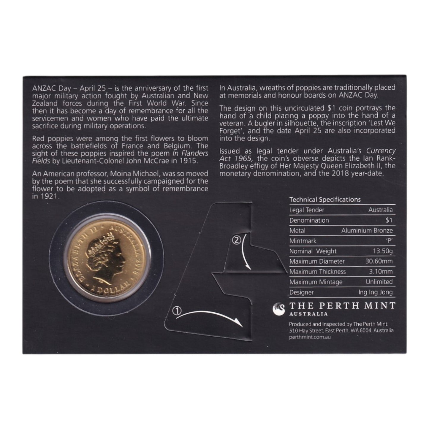2018 Perth Mint ANZAC Day One Dollar Coin - Lest We Forget