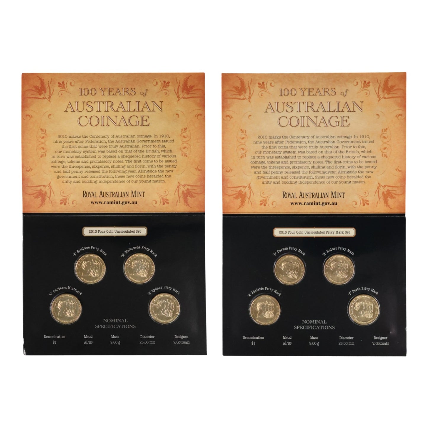 2010 $1 Centenary of Australian Coinage – Complete 8-Coin Master Bundle ('CBMS' & 'ADHP' Sets)
