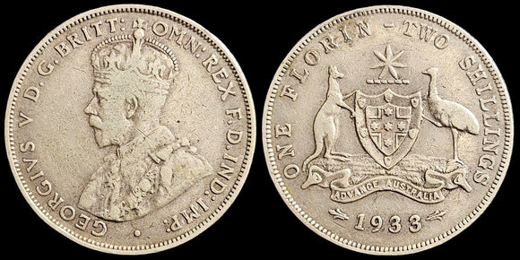 1933 Australian Florin - Fine - Considered Scarce - Loose Change Coins