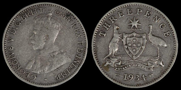 1934 Australian Threepence - Fine - Considered harder in higher grades - Loose Change Coins