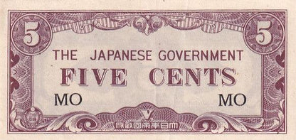 1942 Malaya Banknote - Japanese Occupation - 5 Cents - pM2a - Loose Change Coins