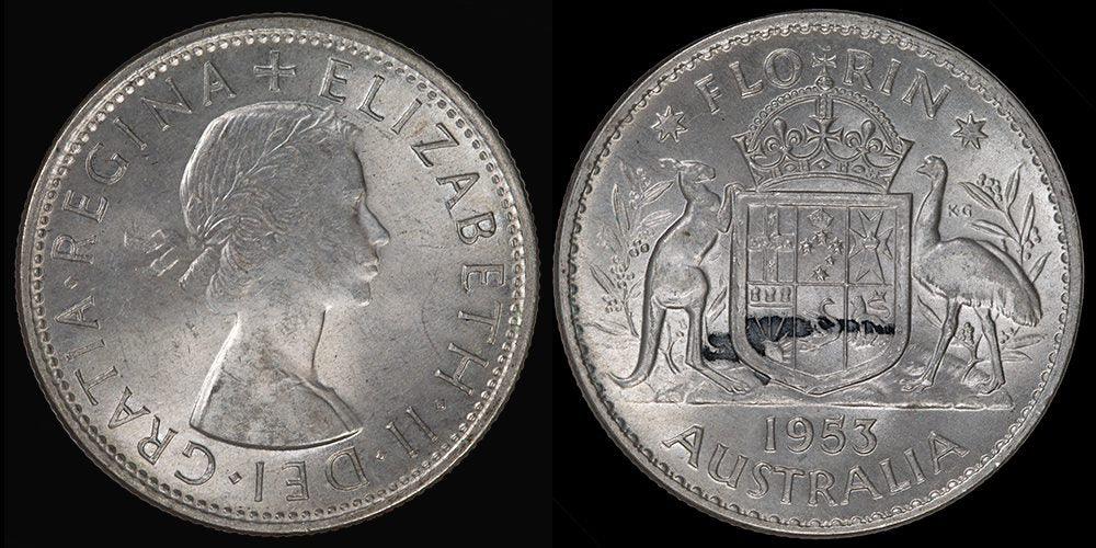 1953 Australian Florin - Uncirculated with Ink Mark - Loose Change Coins