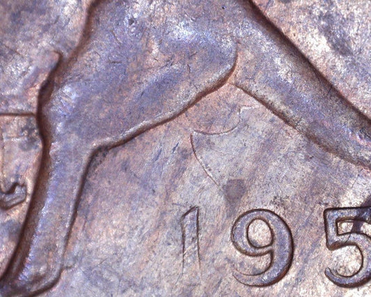 1955 Y. Australian Penny - About Uncirculated with Reverse Die Clash/Planchet Flaw Errors - Loose Change Coins