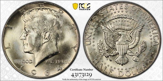 1964-D USA 50 Cent Coin - Graded MS65 by PCGS - CERT VERIFICATION #43173129 - Loose Change Coins