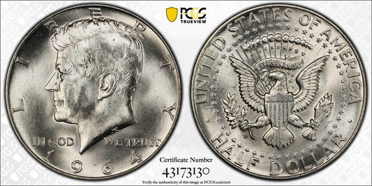 1964-D USA 50 Cent Coin - Graded MS65 by PCGS - CERT VERIFICATION #43173130 - Loose Change Coins