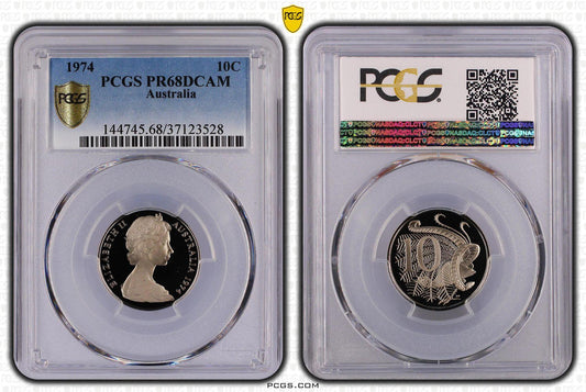 1974 Australian 10 Cent Coin - Graded PR68DCAM by PCGS - Loose Change Coins