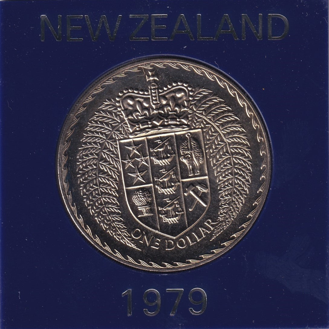 1979 New Zealand $1 Coin - Berry Portrait; Shield of Arms