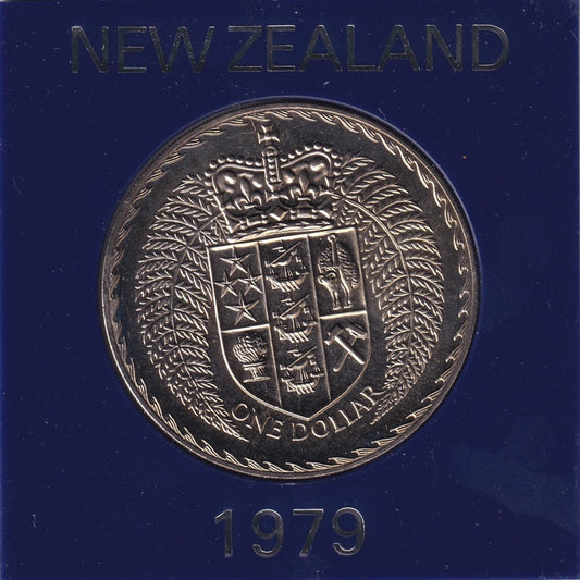 1979 New Zealand $1 Coin - Berry Portrait; Shield of Arms