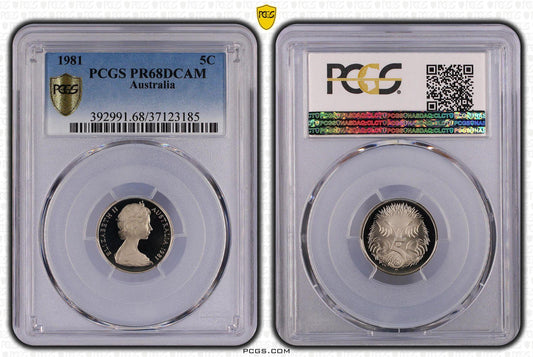 1981 Australian 5 Cent Coin - Graded PR68DCAM by PCGS - Loose Change Coins