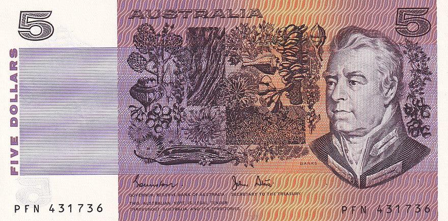 1983 Australian 5 Dollar Note - PFN 431736 - JOHNSTON/STONE - R208 GENERAL PREFIX - About Uncirculated - Loose Change Coins
