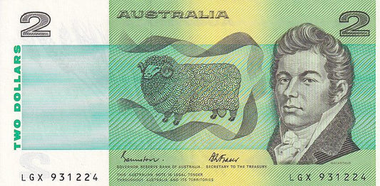 1985 Australian 2 Dollar Note - LGX 931224 - Johnston/Fraser - R89 General Prefix - Extremely Fine - Loose Change Coins