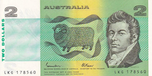1985 Australian 2 Dollar Note - LKG 178560 - Johnston/Fraser - R89 - About Uncirculated - Loose Change Coins