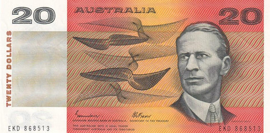 1985 Australian $20 Note - EKD868513 - JOHNSTON/FRASER - Gothic Serial - R409b - About Uncirculated - Loose Change Coins