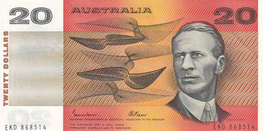 1985 Australian $20 Note - EKD868514 - JOHNSTON/FRASER - Gothic Serial - R409b - About Uncirculated - Loose Change Coins