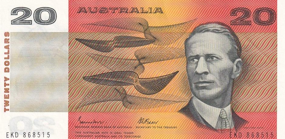 1985 Australian $20 Note - EKD868515 - JOHNSTON/FRASER - Gothic Serial - R409b - About Uncirculated - Loose Change Coins
