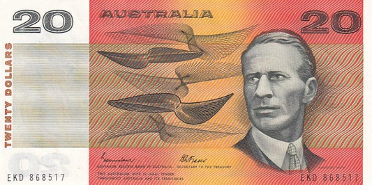 1985 Australian $20 Note - EKD868517 - JOHNSTON/FRASER - Gothic Serial - R409b - About Uncirculated - Loose Change Coins