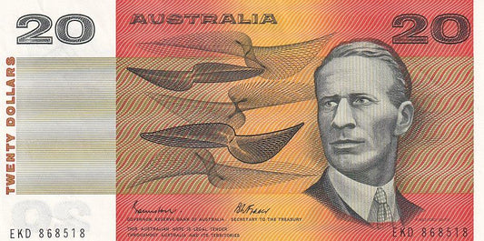 1985 Australian $20 Note - EKD868518 - JOHNSTON/FRASER - Gothic Serial - R409b - About Uncirculated - Loose Change Coins