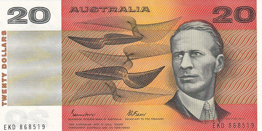 1985 Australian $20 Note - EKD868519 - JOHNSTON/FRASER - Gothic Serial - R409b - About Uncirculated - Loose Change Coins